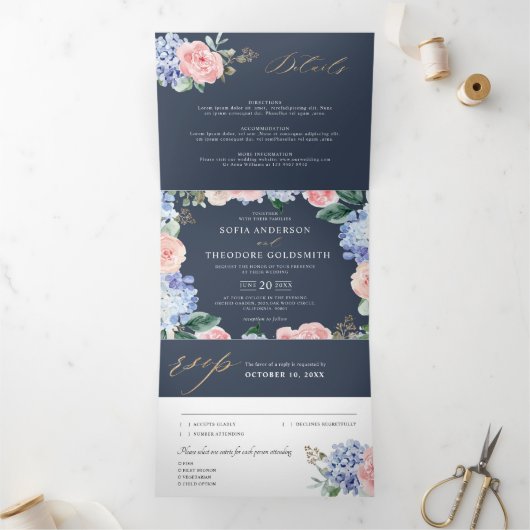 Dusty Blue Pastel Pink Hydrangeas Wedding Tri-Fold Dreifach Gefaltete Ankündigung (Innenseite)