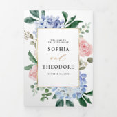 Dusty Blue Pastel Pink Hydrangeas Wedding Tri-Fold Dreifach Gefaltete Ankündigung (Cover)