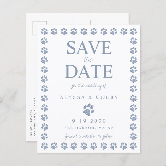 Dusty Blue Paw Print Save the Date Postcard (Vorne/Hinten)