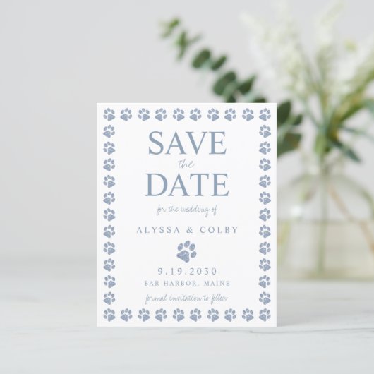 Dusty Blue Paw Print Save the Date Postcard (Stehend Vorderseite)