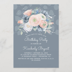 Dusty Blue Peach and Rose Floral Geburtstagsparty Einladung