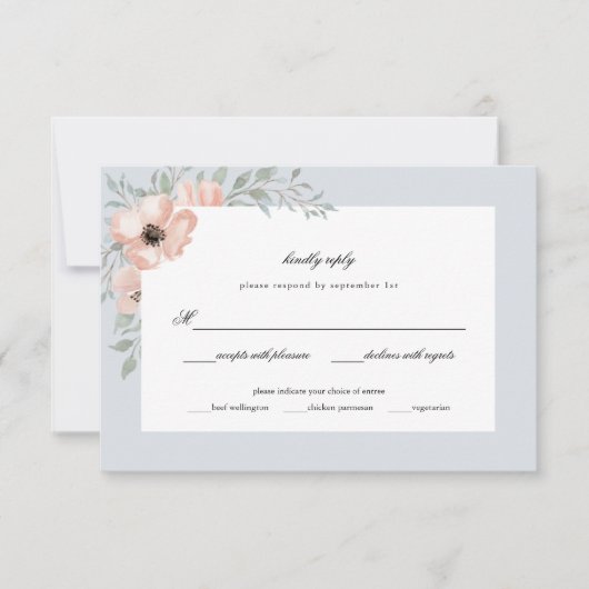 Dusty Blue Peach Blume Wasserfarbenhochzeit RSVP Karte (Vorderseite)