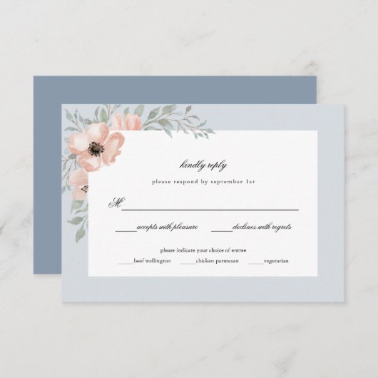 Dusty Blue Peach Blume Wasserfarbenhochzeit RSVP Karte (Vorne/Hinten)