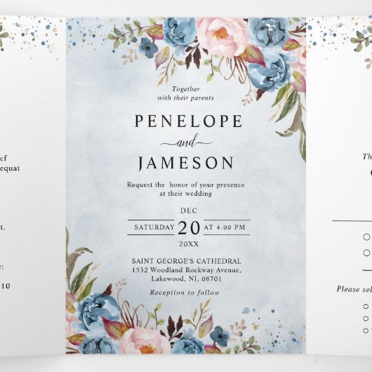 Dusty Blue Peach Blush Boho Hochzeit Einladung (Innenseite Mitte)