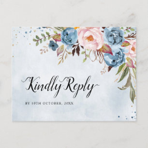 Dusty Blue Peach Blush Botanical Boho Wedding RSVP Postkarte