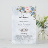 Dusty Blue Peach Blush Botanical Wedding Programm (Stehend Vorderseite)