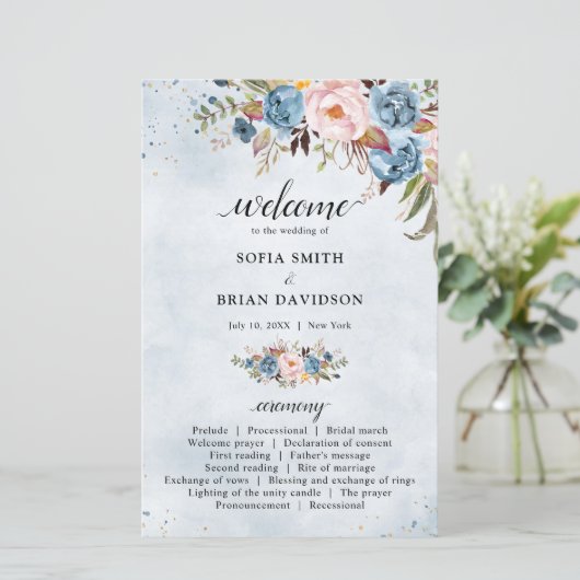 Dusty Blue Peach Blush Botanical Wedding Programm (Stehend Vorderseite)