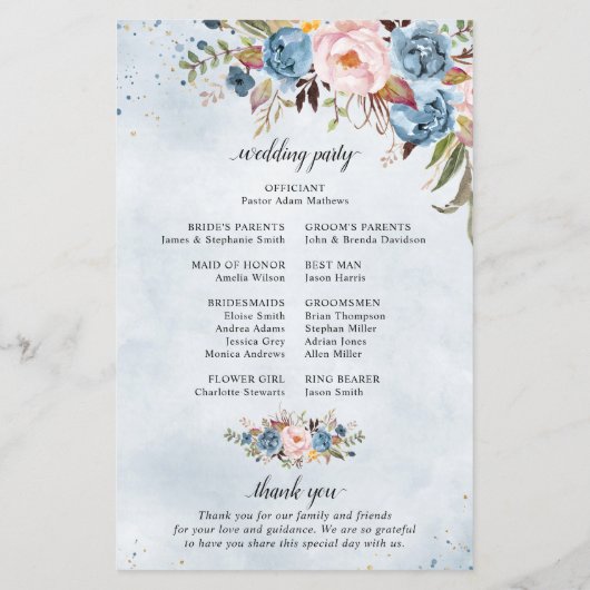 Dusty Blue Peach Blush Botanical Wedding Programm (Rückseite)