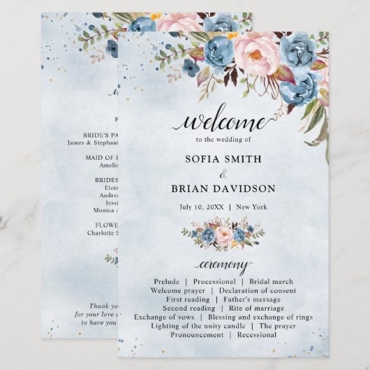 Dusty Blue Peach Blush Botanical Wedding Programm (Vorne/Hinten)