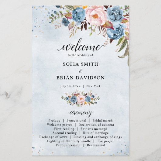 Dusty Blue Peach Blush Botanical Wedding Programm (Vorderseite)
