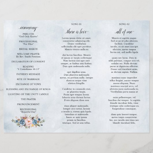 Dusty Blue Peach Blush Botanical Wedding Programm (Rückseite)