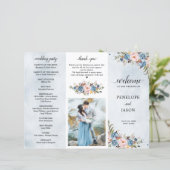 Dusty Blue Peach Blush Botanical Wedding Programm (Stehend Vorderseite)