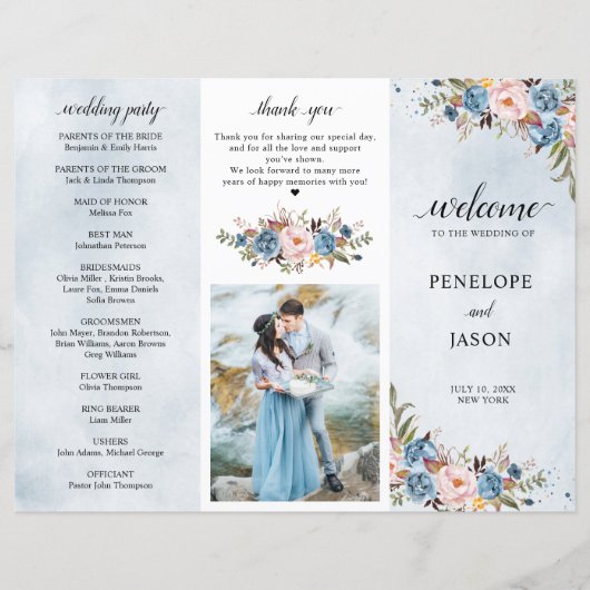 Dusty Blue Peach Blush Botanical Wedding Programm (Vorderseite)