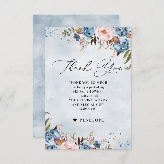 Dusty Blue Peach Blush Botanisches Brautparty Dankeskarte (Vorne/Hinten)