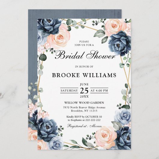 Dusty Blue Peach Blush Geometric Brautparty Inv Einladung (Vorne/Hinten)