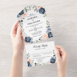 Dusty Blue Peach Blush Geometric Floral Wedding Al All In One Einladung