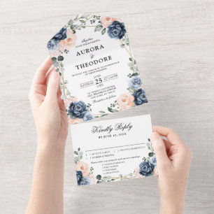 Dusty Blue Peach Blush Geometric Floral Wedding Al All In One Einladung
