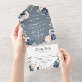 Dusty Blue Peach Blush Geometric Floral Wedding Al All In One Einladung