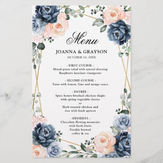 Dusty Blue Peach Blush Geometric Wedding Menu (Vorderseite)
