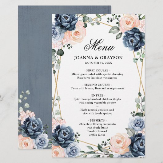 Dusty Blue Peach Blush Geometric Wedding Menu (Vorne/Hinten)