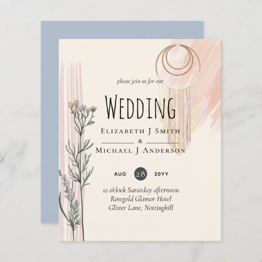 Dusty Blue Peach BOHO Einladung Hochzeit (Vorne/Hinten)