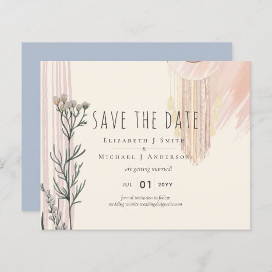 Dusty Blue Peach BOHO Wedding Save the Dates (Vorne/Hinten)