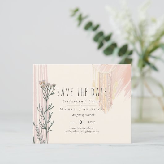 Dusty Blue Peach BOHO Wedding Save the Dates (Stehend Vorderseite)