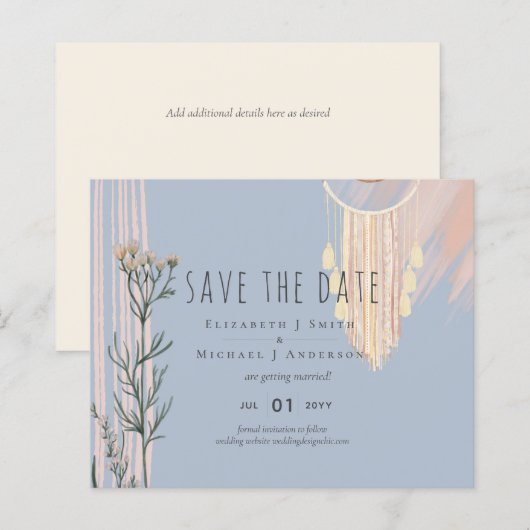 Dusty Blue Peach BOHO Wedding Save the Dates (Vorne/Hinten)