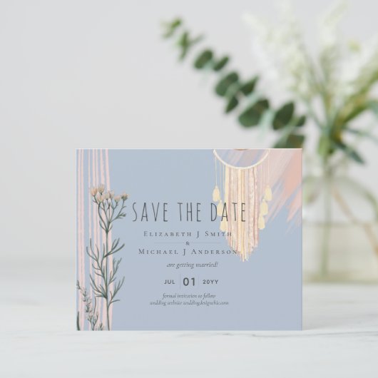 Dusty Blue Peach BOHO Wedding Save the Dates (Stehend Vorderseite)
