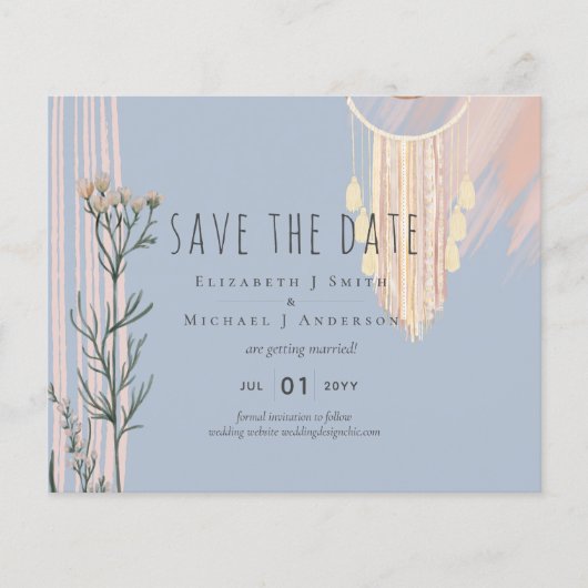 Dusty Blue Peach BOHO Wedding Save the Dates (Vorderseite)