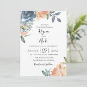 Dusty Blue Peach Botanical Wedding Einladung (Stehend Vorderseite)