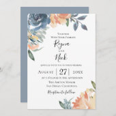Dusty Blue Peach Botanical Wedding Einladung (Vorne/Hinten)