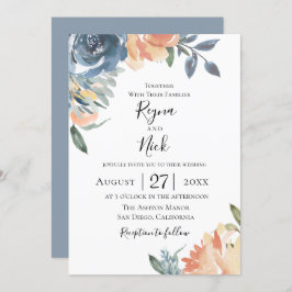 Dusty Blue Peach Botanical Wedding Einladung