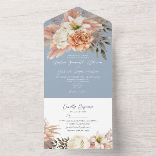 Dusty Blue Peach Floral All-in-One Einladung (Innen Boden)