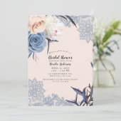 Dusty Blue & Peach Floral Lace Brautparty Einladung (Stehend Vorderseite)