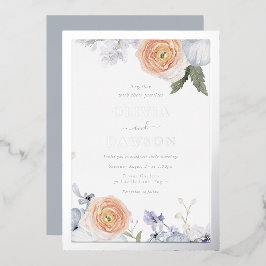 Dusty Blue & Peach Floral Silver Foil Wedding Folieneinladung