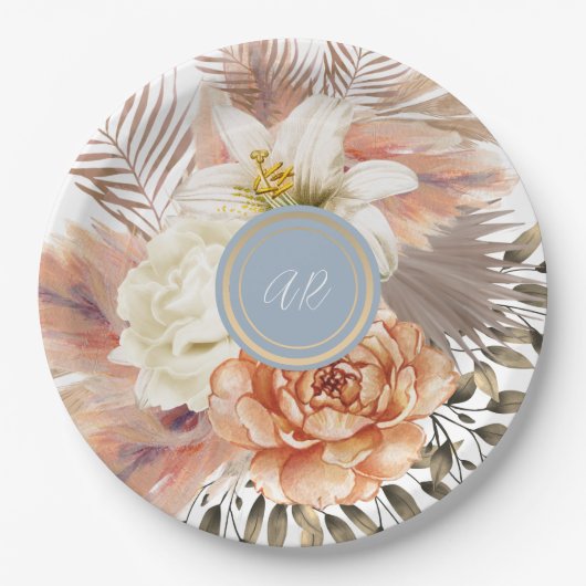 Dusty Blue Peach Floral Wedding Pappteller (Vorderseite)