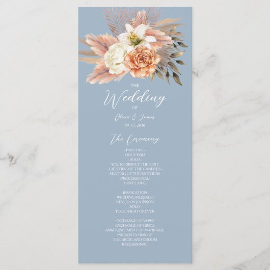 Dusty Blue Peach Floral Wedding Programm (Vorderseite)