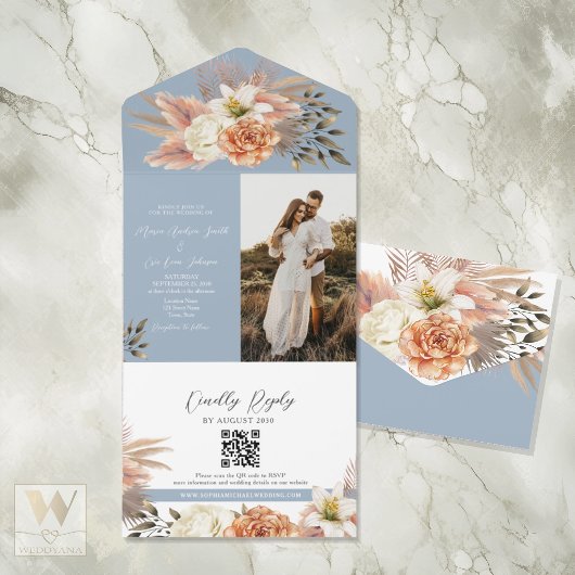 Dusty Blue Peach Floral Wedding QR Einladung