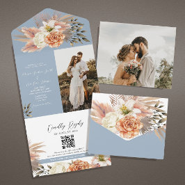 Dusty Blue Peach Floral Wedding QR Einladung
