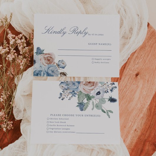 Dusty Blue & Peach Floral Wedding RSVP Card Karte