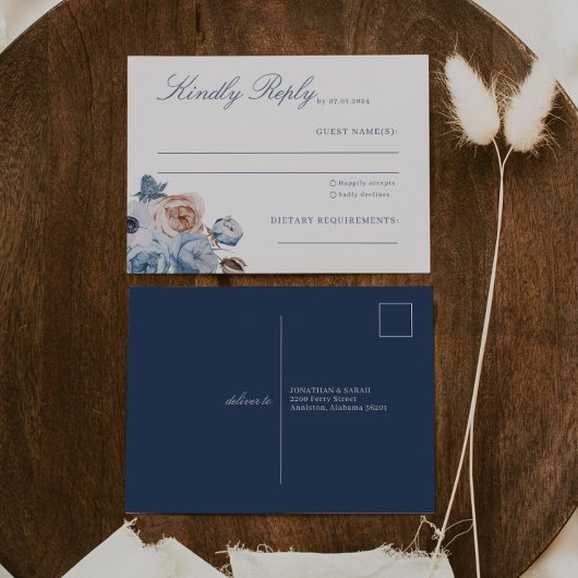 Dusty Blue & Peach Floral Wedding RSVP Postkarte