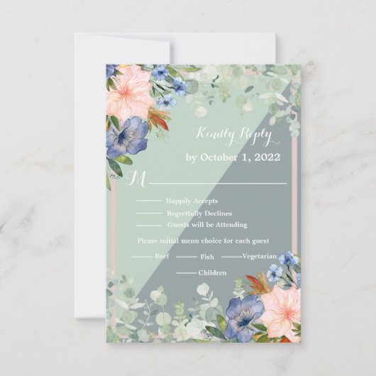 Dusty Blue Peach Green Wedding RSVP Karte (Vorderseite)
