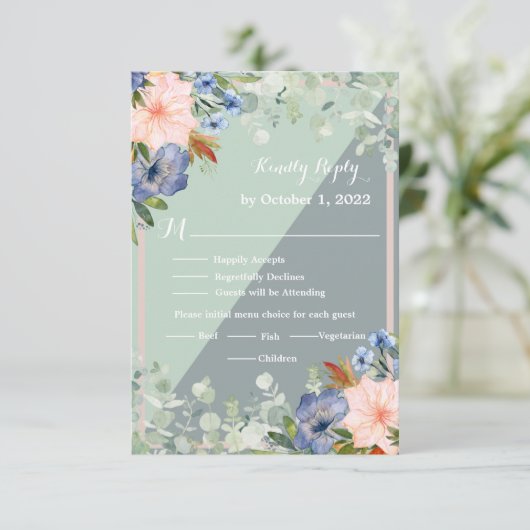 Dusty Blue Peach Green Wedding RSVP Karte (Stehend Vorderseite)