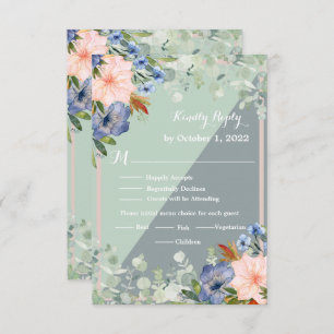 Dusty Blue Peach Green Wedding RSVP Karte