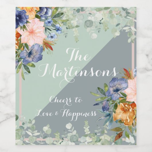 Dusty Blue Peach Green Wedding Weinetikett (Einzelnes Label)