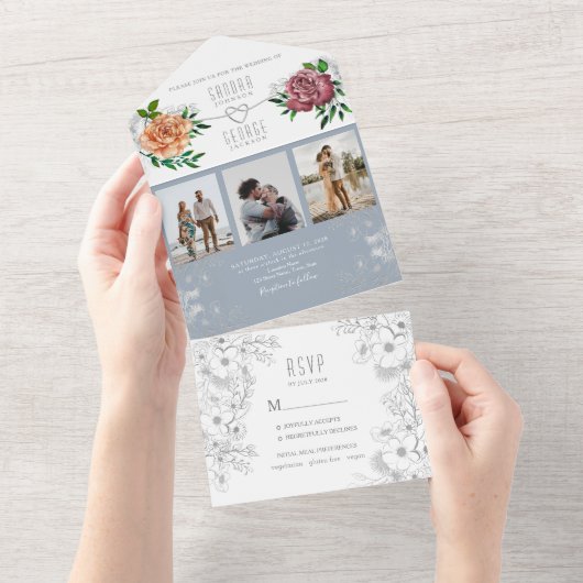 Dusty Blue Peach Pink Foto Hochzeit Einladung (Abreißen)