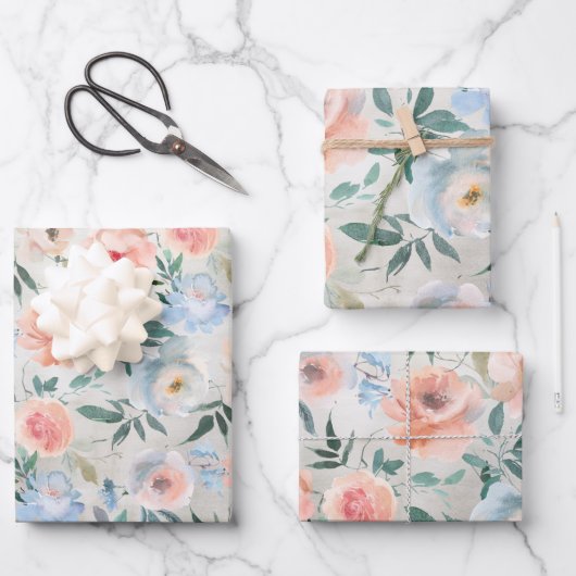 Dusty Blue & Peach Pink Peony Garden Geschenkpapier Set (Vorderseite)