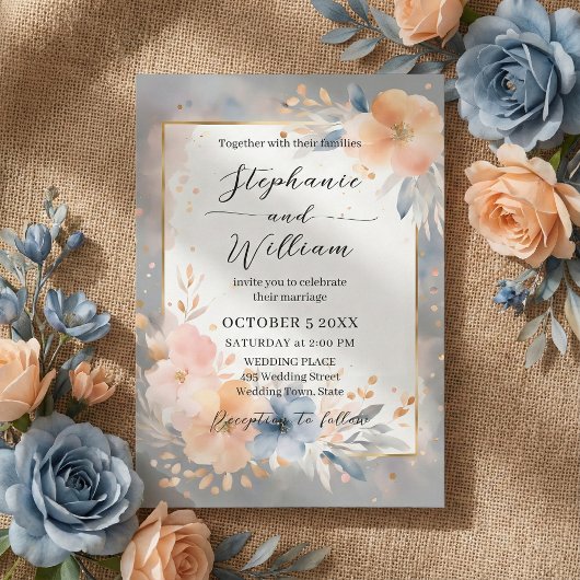 Dusty Blue Peach Watercolor Floral Gold Wedding Einladung