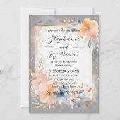Dusty Blue Peach Watercolor Floral Gold Wedding Einladung (Vorderseite)